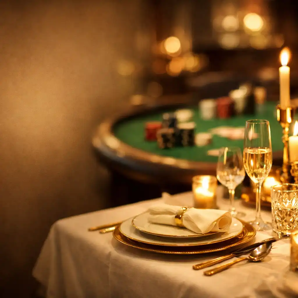 A candlelit dining table with white linen and crystal glasses, with a softly blurred poker table in the background