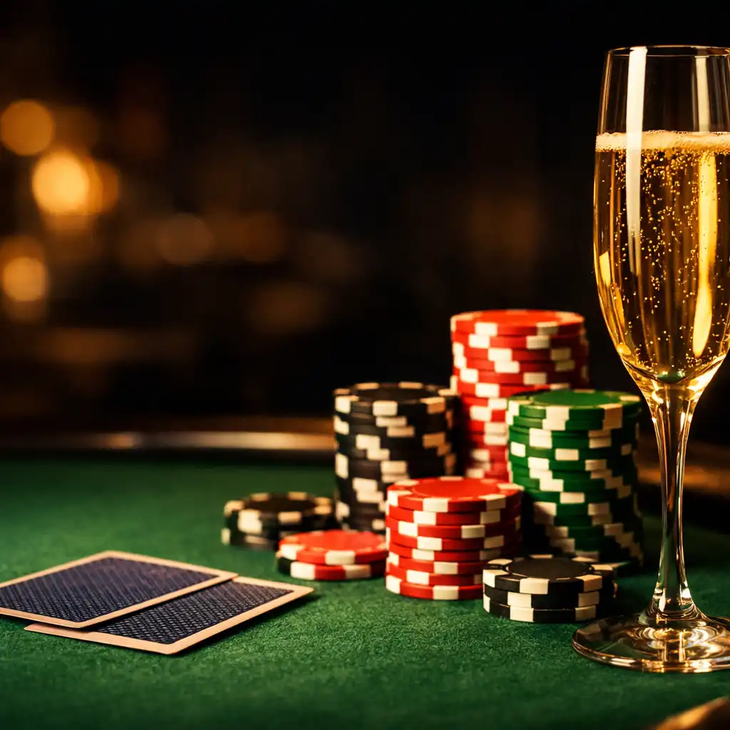 A poker table with a stack of chips and playing cards, with a glass of champagne in the foreground