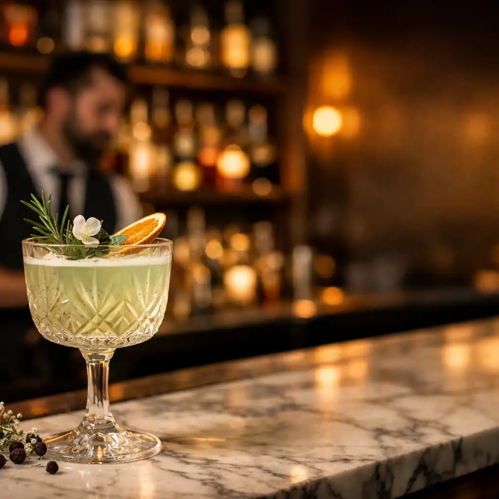A handcrafted botanical cocktail in a crystal glass on a marble counter, with a craft cocktail bar softly blurred in the background.