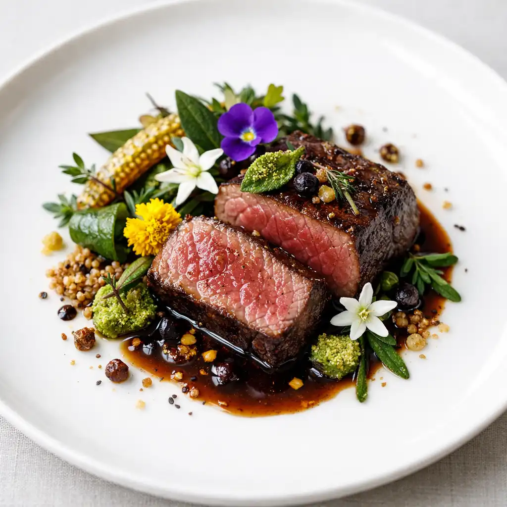 Close-up of a gourmet Australian dish featuring seared Wagyu beef with native botanicals and edible flowers on a white porcelain plate.