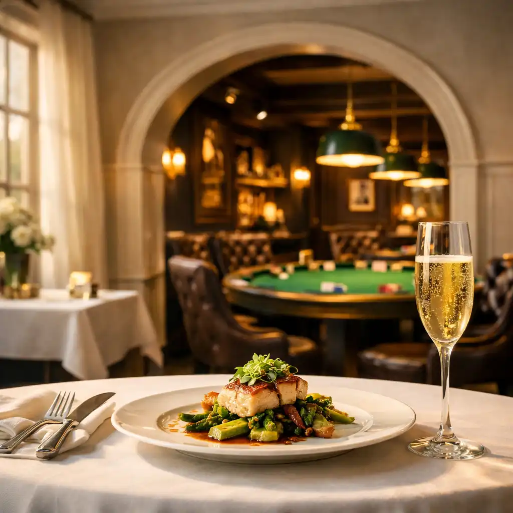 A luxurious dining room transitioning into an intimate poker lounge, with a gourmet dish in the foreground and softly lit poker tables beyond an arched doorway.