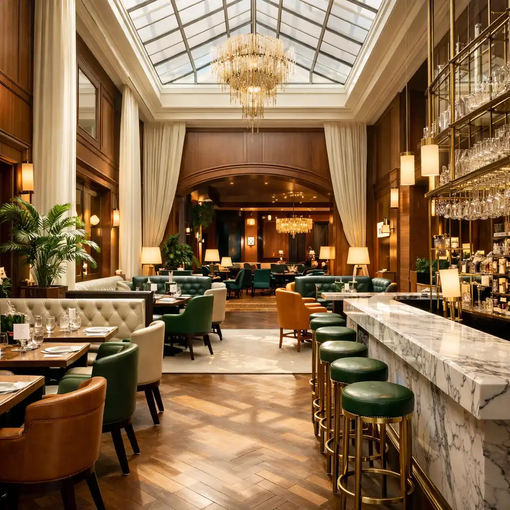 Sunlit atrium with high ceilings, Italian marble counter, warm timber panelling, and bespoke leather seating transitioning toward a velvet-and-brass gaming salon.