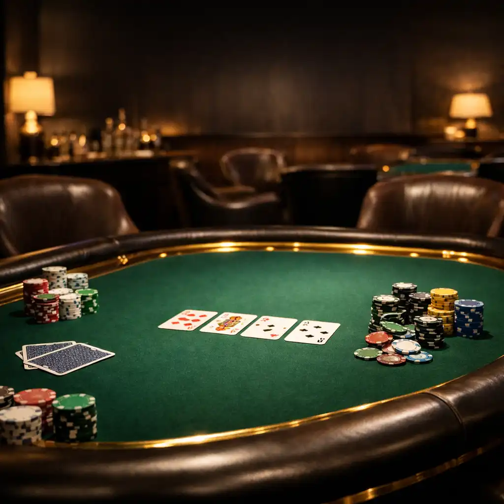 A private poker table with green felt, brass rail, professional chips and cards, surrounded by leather chairs in a softly lit upscale lounge.