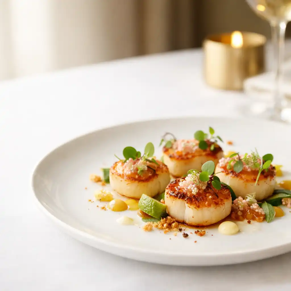 Seared scallops with native finger lime and micro herbs on a crisp white tablecloth