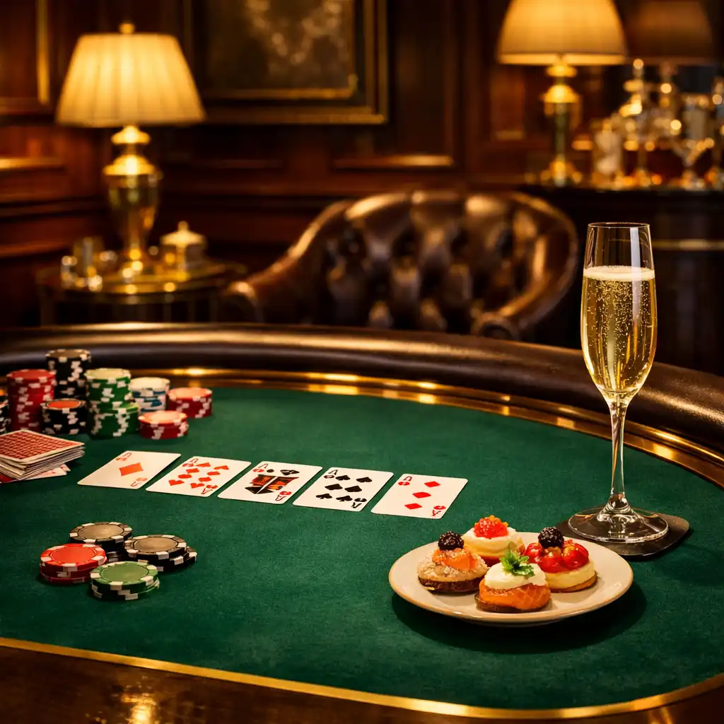 Elegant poker table with a glass of champagne and a small plate of canapés