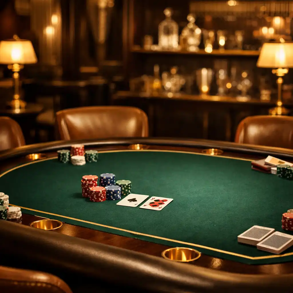 Luxurious poker table with emerald felt and gold accents in an intimate lounge