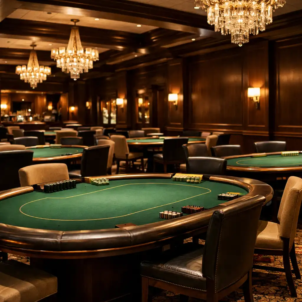 Interior view of the poker lounge with elegant chandeliers and rows of green felt tables