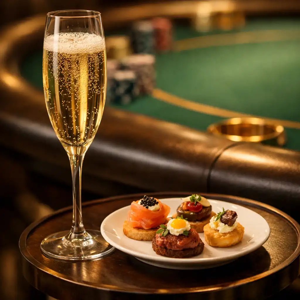 Champagne glass and gourmet canapés on a side table beside a poker table