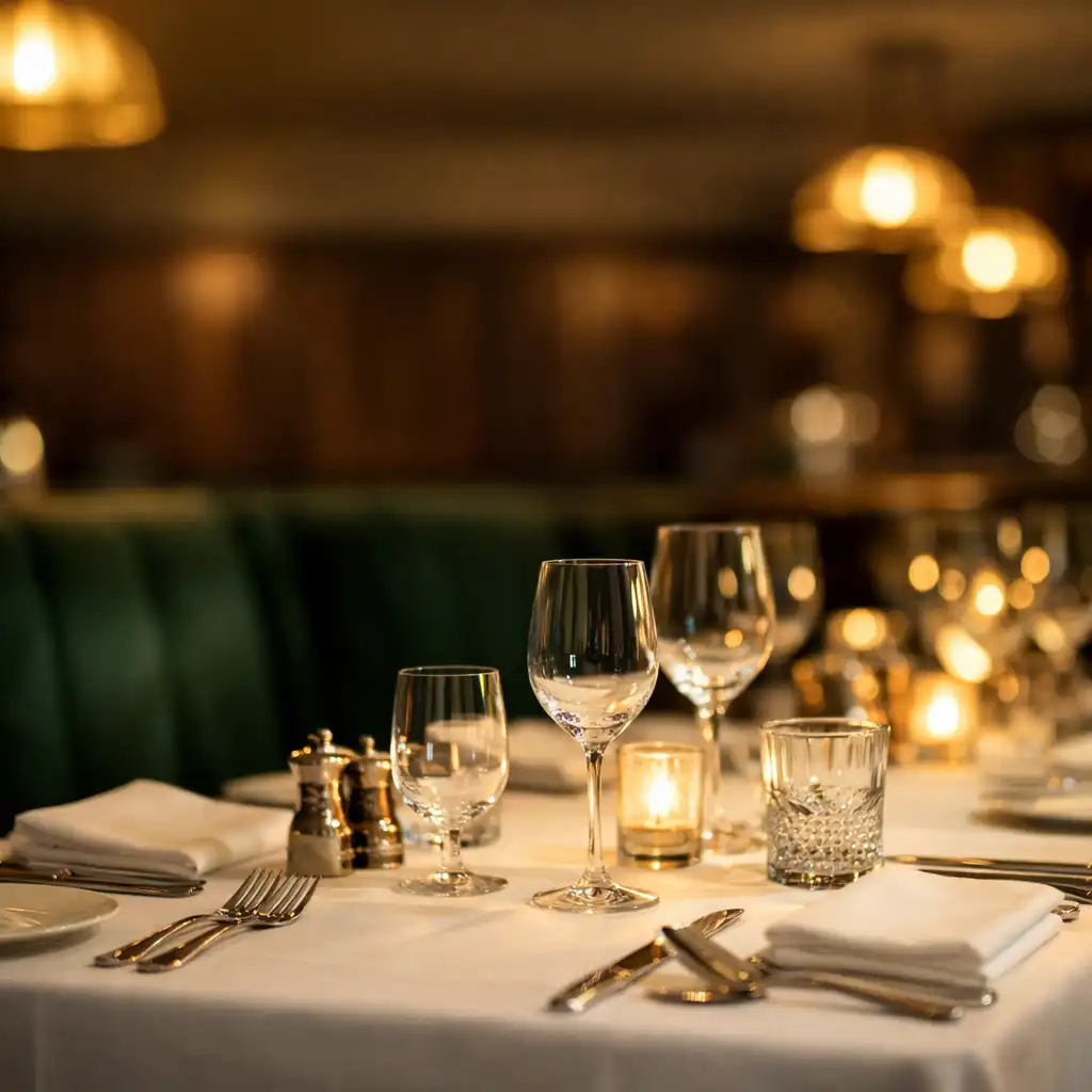 Elegant dining table with white linen, polished silverware, and warm golden light