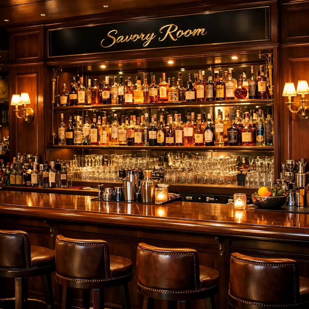 Bar area at ADSIGHT LTD with polished wooden bar and backlit shelves of premium spirits