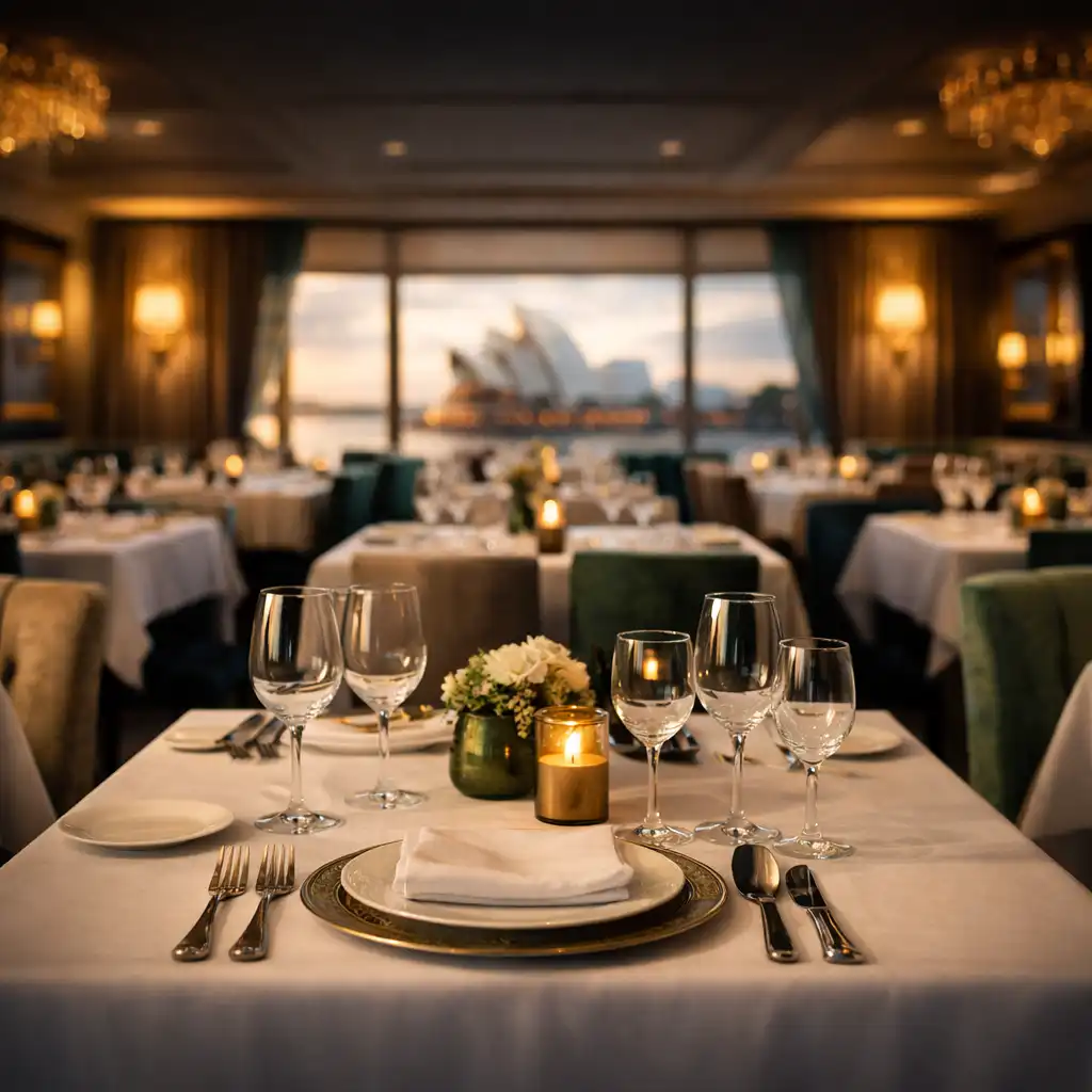 Elegant dining room at ADSIGHT LTD with white tablecloths, fine china, and warm natural light