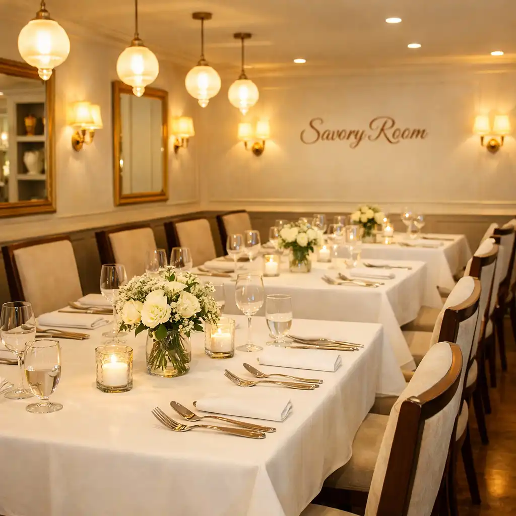 Main dining room at ADSIGHT LTD with tables set with white tablecloths and floral centrepieces