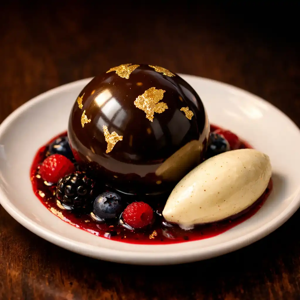 Elegant chocolate sphere dessert with gold leaf accents and berry coulis