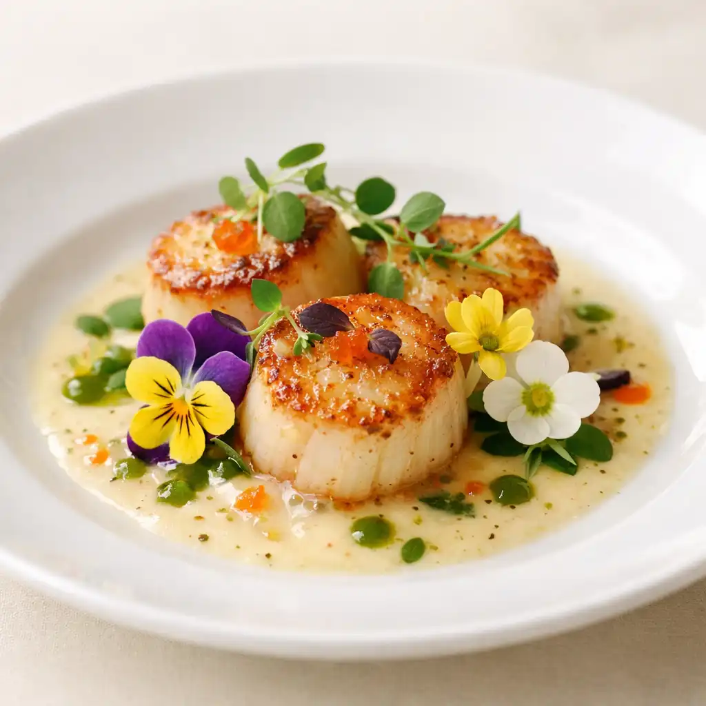 Beautifully plated seafood dish with seared scallops, delicate sauce, and microgreens