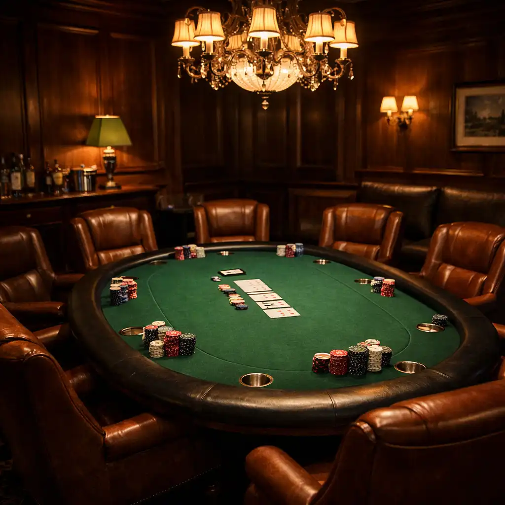 Exclusive poker lounge with green baize table, leather chairs, and soft ambient lighting