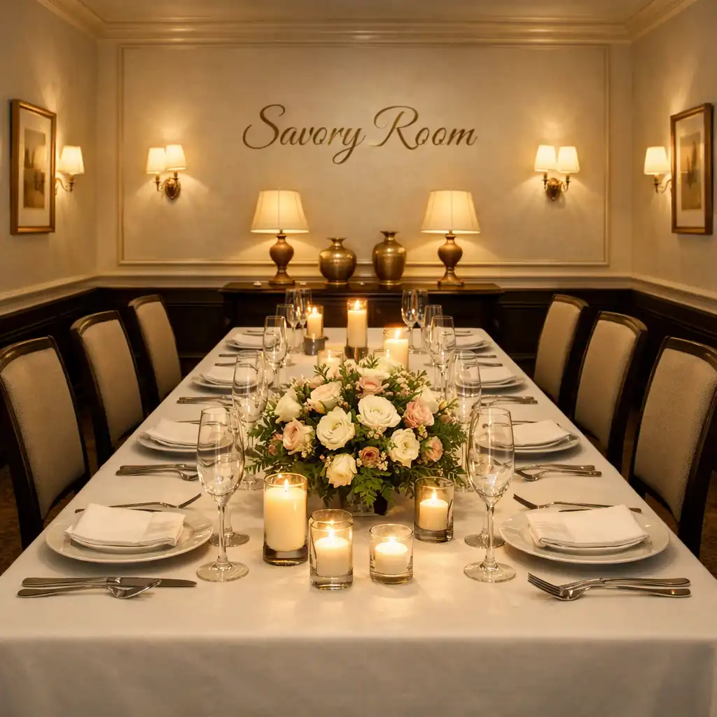 Private dining room with a long table set for eight guests, candles, and floral centrepiece