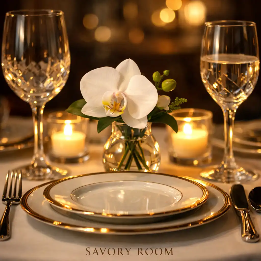 Table setting with fine china, crystal glassware, and a white orchid lit by candlelight